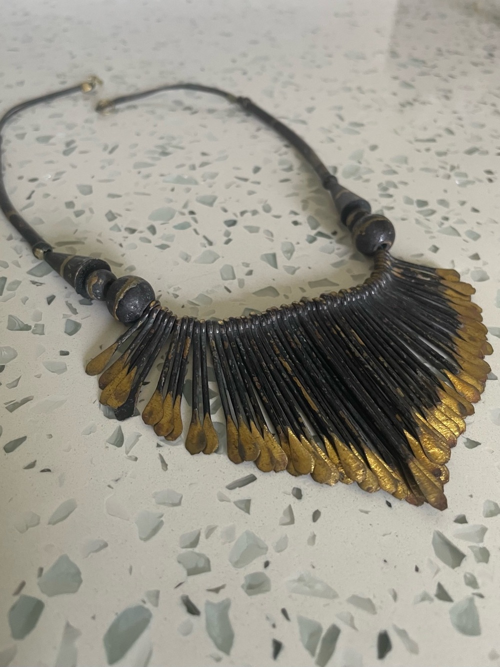 Metal and leather Black & Gold Fringe Bib Necklace by